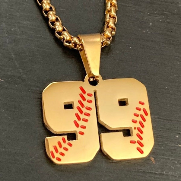 Gold Baseball Lace Number Pendant - Gold Sports Necklace