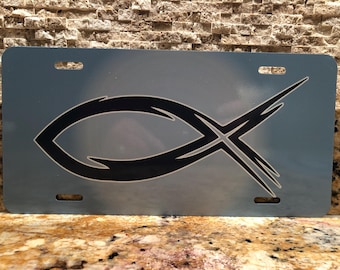 Jesus Fish with Cross vanity aluminum license plate.