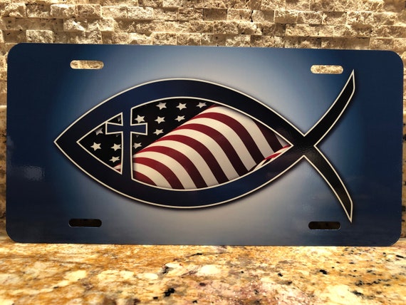 Jesus Fish Vanity Aluminum License Plate With American Flag. 