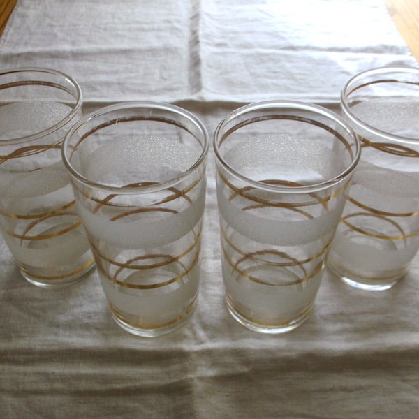 Vintage Barware Drinking Glasses Clear with Frosted Stripes and Gold Stripes