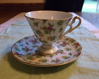 Vintage Floral Pedastal Tea Cup and Saucer