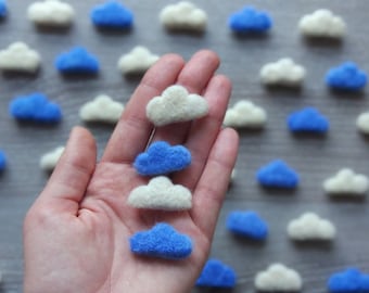 Mini Felt Clouds, 1 inch White and Blue Felted Clouds Waldorf Felted Toy, Nursery Felt Cloud Decoration, Baby Garland Decor, 1-10 pcs