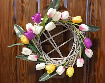 Front Door Tulip Wreath | Welcome Wreath | All Seasons Wreath | Faux Flowers Wreath | Spring Blessings Wreath | Farmhouse Patio Garden Decor