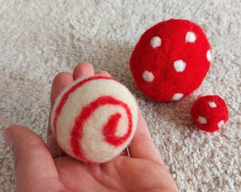 Polka Dot Felt Balls and Swirl Felt Balls / Cherry Red Felt Balls / Polka Dot Felt Pom Poms and Swirl Wool Pom Poms / Cotton Candy Felt Ball