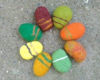 Felt Stones 8 pcs, Felt Pebbles, Felt River Rocks, Wool Felt Sea Stones, Felt River Stones, Felt Stone Pom Poms, Green Felt Pebbles