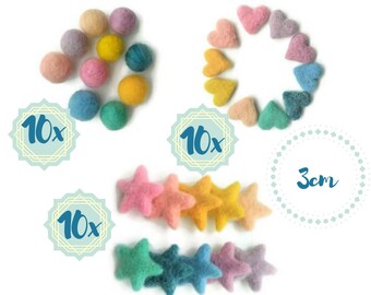 100% Wool Felt Balls Stars and Hearts - Set of 30 - DIY Felt Ball Garland - Spring Garland - Felted Balls - Wool Felt Pom Poms - Handmade