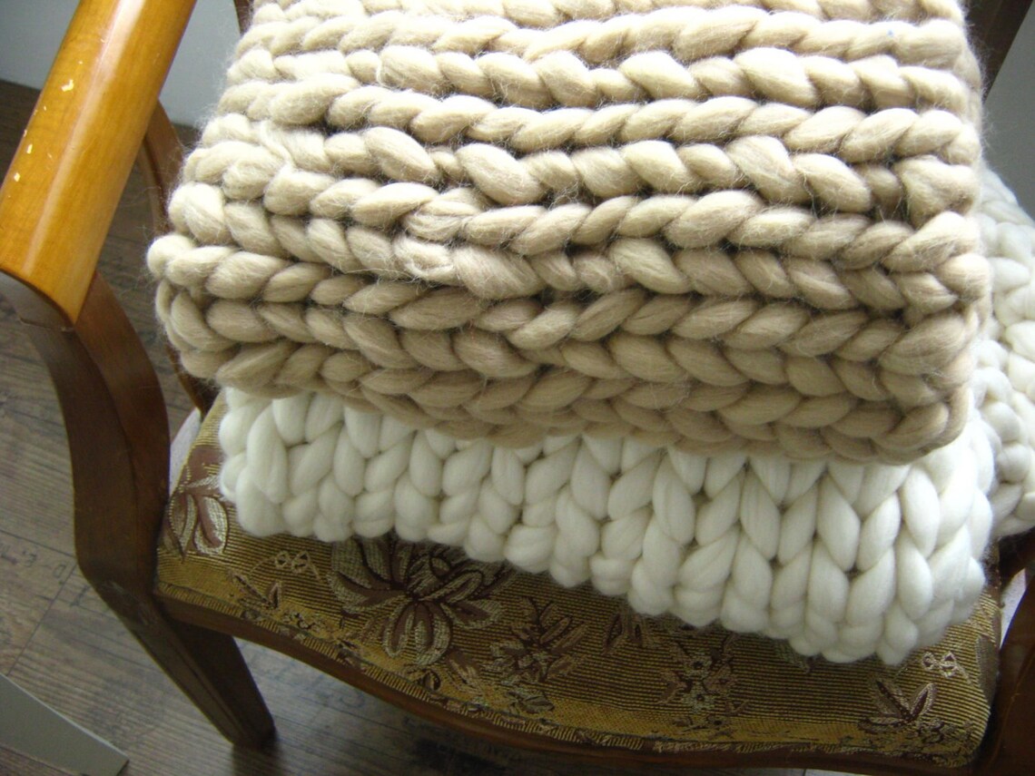 Light Beige Knit Blanket Merino Wool Blanket Hand Knit Throw Etsy