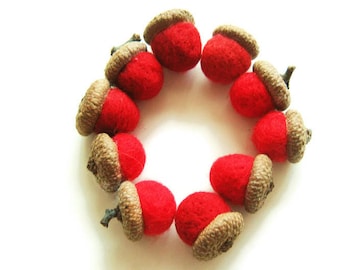 Wool Felt Acorns - Felt Balls - Acorn Beads - Acorn Bead Caps - Acorn Hats - Oak Tree Acorn Tops - Felt Ornaments - Waldorf Felt Crafts