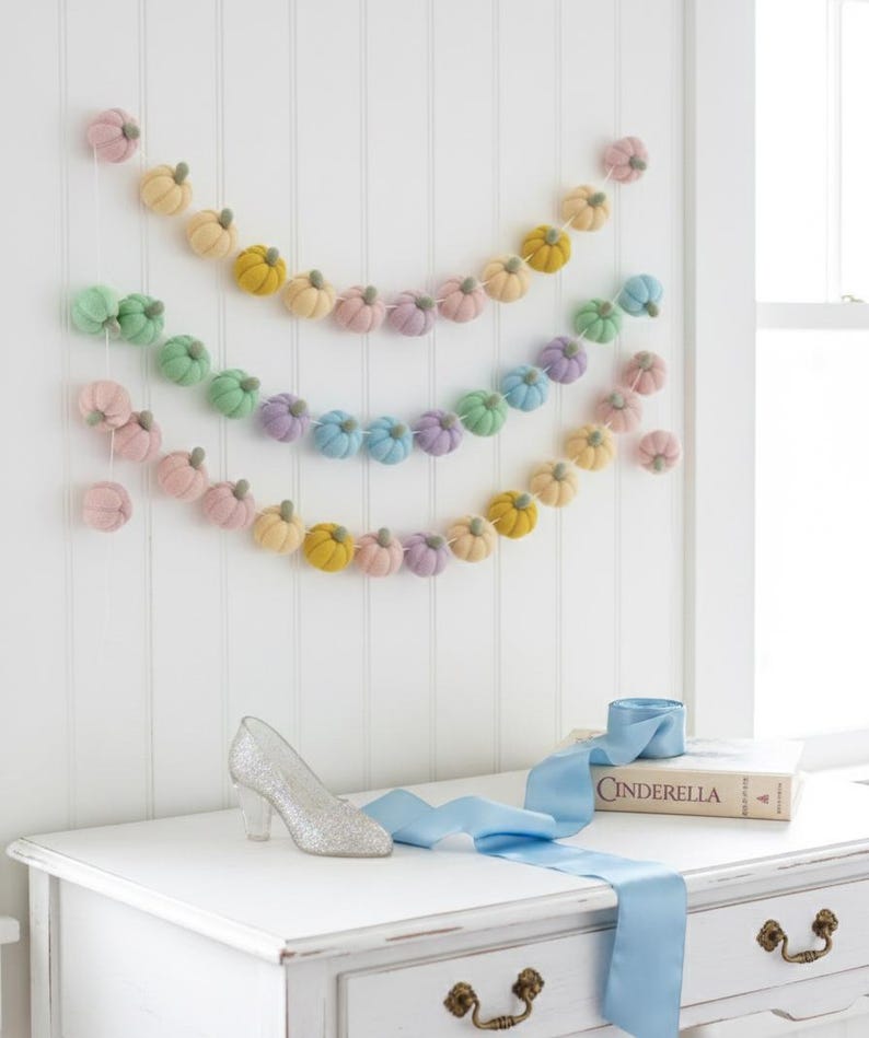 Whimsical Pumpkin Garland: Cinderella Nursery Decor, Fairytale Princess Room Bunting, Wool Felt Storybook image 2