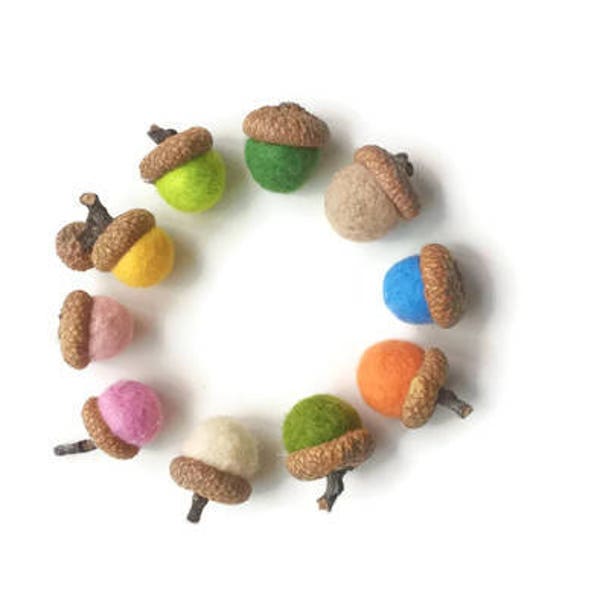 10 felt acorns, fun colors decor for kids, rustic decor, multicolor felt ball acorn hats, multicolor acorns with caps, acorn toys for kids