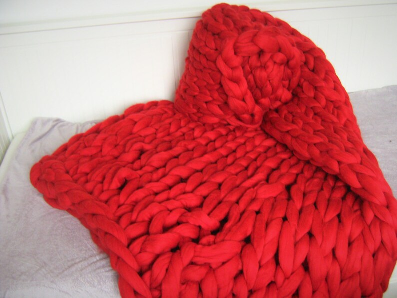 Chunky red knit blanket merino wool blanket hand knit throw Etsy