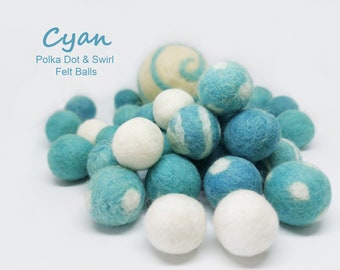 Polka Dot Felt Balls and Swirl Felt Balls / Cyan Felt Balls / Polka Dot Felt Pom Poms and Swirl Wool Pom Poms / Cotton Candy Felt Balls