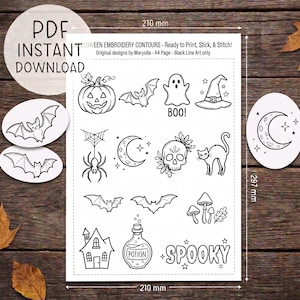 May include: A digital A4 sheet measuring 210 mm by 297 mm featuring black line art embroidery patterns for Halloween. Designs include a pumpkin, bats, a ghost with the text BOO, a witch hat, spider, moon, skull, cat, mushrooms, house, potion bottle, and the text SPOOKY.