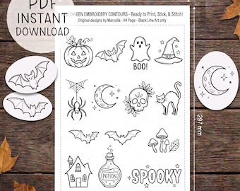 Halloween Stick and Stitch Pattern PDF, Hand Embroidery Designs, Fall Spooky Contours, DIY Ghost Witch Digital Download