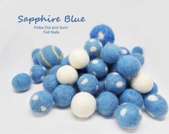 Polka Dot Felt Balls and Swirl Felt Balls in Sapphire Blue / Polka Dot Felt Pom Poms and Swirl Wool Pom Poms / Cotton Candy Felt Balls