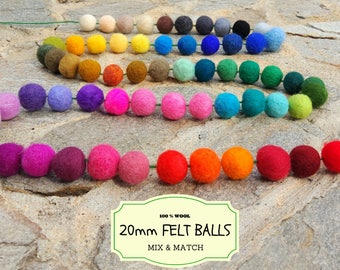 Wool Felt Balls 2 cm / 20 mm, Mix and Match Color, Multicolored Felted Balls in Bulk, Felted Beads, 100% Wool Felt Pom Poms, 20 or 100 pcs