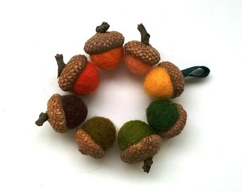 8 felt acorns, felt balls, woodland decor, acorn beads, acorn caps, acorn hats, oak tree, acorn tops, soft colors decor acorn centerpiece