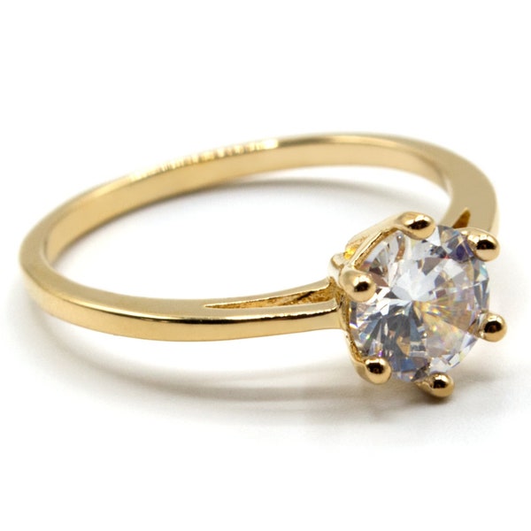 Transparent Colorless Zirconium Oxide Round Stone Solitaire Ring in 18k Gold Plated 3 Microns
