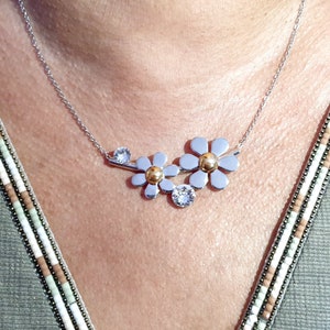 Necklace Flowers Daisies in Swarovski Crystal Silver 925/1000 Rhodium and Gold image 2