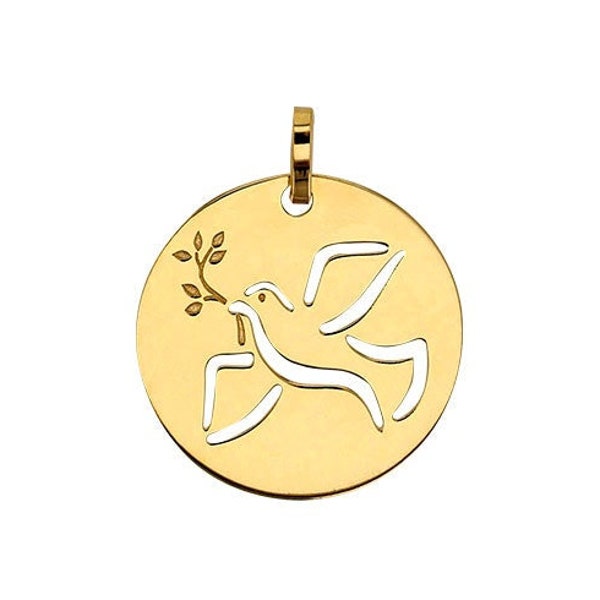 Pendentif Médaille Colombe Laurier Paix Oiseau Ajourée Or 750/1000 18 Carats Cadeau pour Elle
