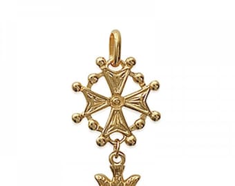 3 micron 14k Gold Plated Huguenot Cross Pendant Necklace + 45 or 50 cm Chain in 14k 14 Carat Gold Plated