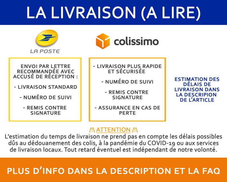 May include: A yellow and blue graphic with the text "LA LIVRAISON (A LIRE)" at the top. The graphic shows two shipping options: La Poste and Colissimo. The graphic also includes information about the shipping methods, including standard delivery, delivery with tracking, and delivery with insurance. The graphic also includes information about estimated delivery times and a note about potential delays due to customs, the COVID-19 pandemic, or local delivery services.