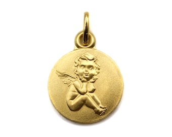 Pensive Raphaël Angel Round Medal Pendant in Gold Plated