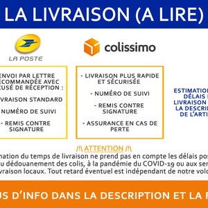 May include: A blue and white graphic with text in French about shipping options, including La Poste and Colissimo. The text mentions standard delivery, tracking numbers, and signature confirmation. Additional text provides information about delivery time estimates.