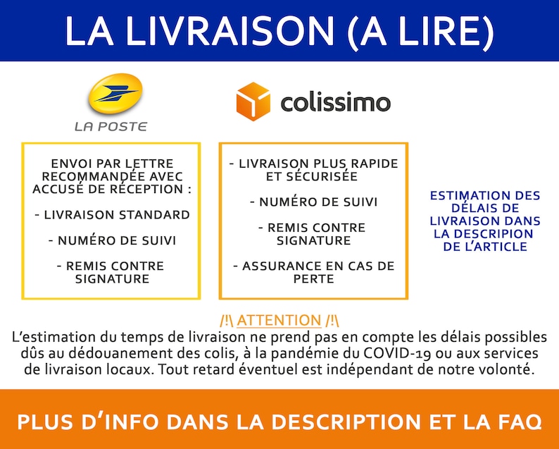 May include: A blue and white graphic with text in French about shipping options, including La Poste and Colissimo. The text mentions standard delivery, tracking numbers, and signature confirmation. Additional text provides information about delivery time estimates.