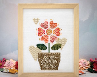 Padrão de ponto cruz Love Grows Here: Flor de coração, PDF moderno (download digital)