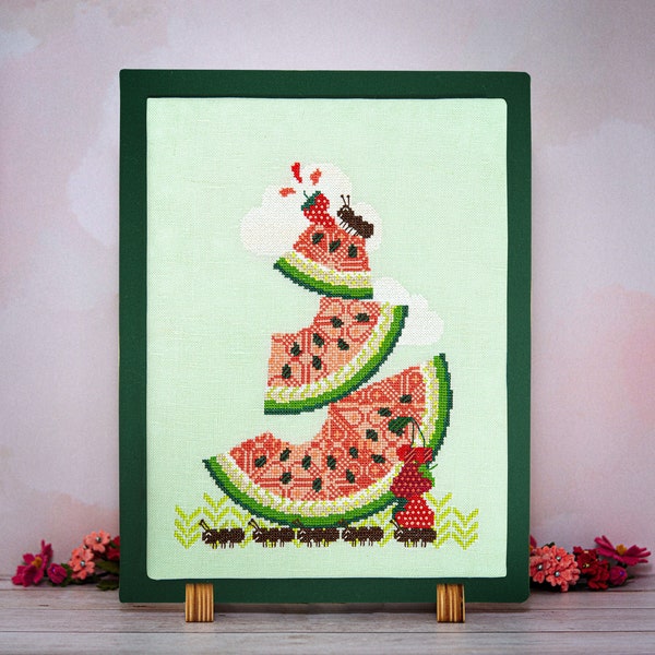 Ants Carrying Watermelon - Modern Cross Stitch Pattern - Summer Picnic Instant Download - Digital PDF - Watermelon Crawl PDF Pattern