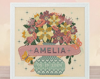 Baby Sampler Cross Stitch Pattern: Bouquet & Butterflies (PDF Download)