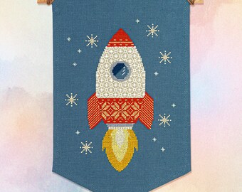Blast Off - Counting Puddles Cross Stitch Pattern - Rocket in Outer Space - Instant Download Digital PDF