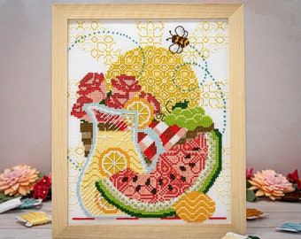 Classic Summer Picnic - Modern Cross Stitch Pattern Instant Download - Sweet Summertime Digital PDF Pattern - Watermelon Flowers Lemonade