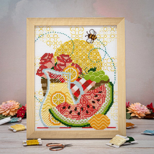 Classic Summer Picnic - Modern Cross Stitch Pattern Instant Download - Sweet Summertime Digital PDF Pattern - Watermelon Flowers Lemonade