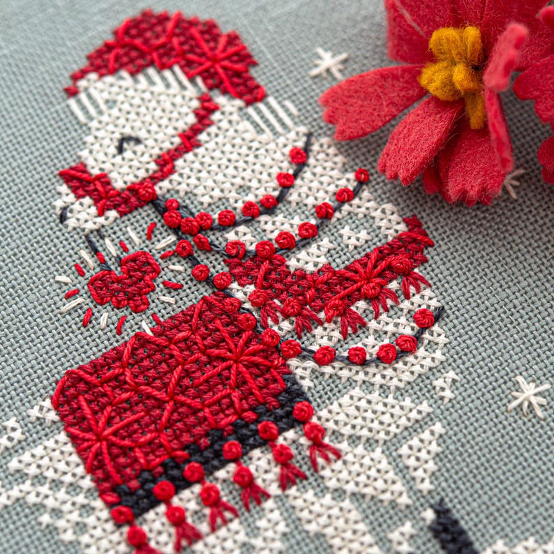Snowflake Llama Ornament cross stitch pattern stitched model detail.