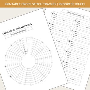 May include: Printable cross stitch tracker with a progress wheel and a project key. The progress wheel is a circle divided into 12 sections, each with a percentage marker. The project key has 10 sections for listing project details.