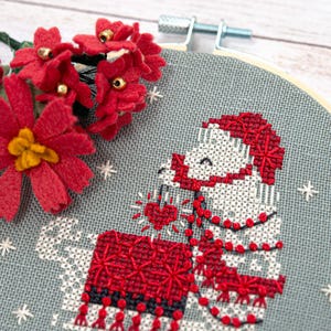 Snowflake Llama Ornament cross stitch pattern stitched model detail.