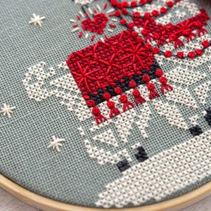 Snowflake Llama Ornament cross stitch pattern stitched model detail.