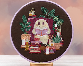 Ghost Reading Books Cross Stitch Pattern: Halloween Cozy Home (Digital PDF)