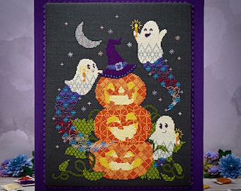 Ghosts in Pumpkin Patch with Jack O'Lanterns - Modern Cross Stitch Pattern Instant Download - Spook-tacular Party Digital PDF Pattern -