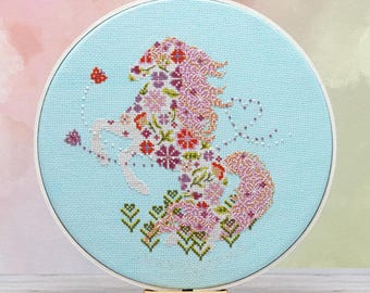 Horse and Flowers Cross Stitch Pattern: Wild & Free Design (PDF Digital Download)