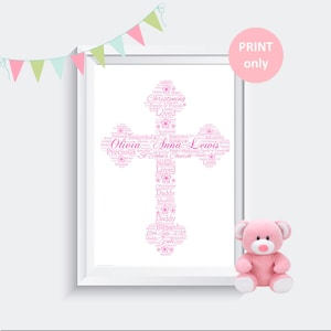 Personalised Christening Cross Word Art Design Print Gift