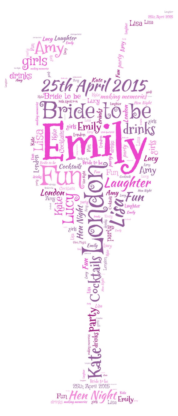 Personalised Word Art Cocktail Glass Picture Print Hen Gift