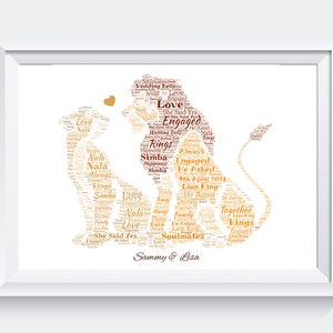 Stampa artistica personalizzata Disney Lion King Simba Nala Fidanzamento Proposta di matrimonio Coppia di sposi Word Art Stampa A4 SOLO Regalo senza cornice
