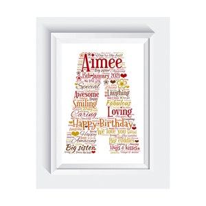 Impresión de arte de palabras personalizada con inicial de nombre, tamaño A4, sin marco, ideal como regalo de cumpleaños o nacimiento.