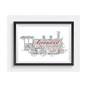 May include: A framed word cloud art print featuring the word "Grandad" in red. The word cloud is made up of words such as "family", "love", "life", "memories", and "80".