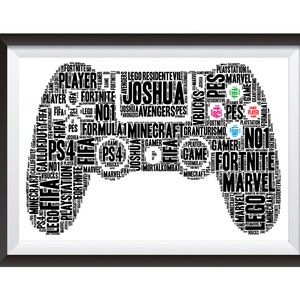 Könnte beinhalten: Eine schwarze und weiße Wortwolke in Form eines Videospiel-Controllers. Die Wörter beinhalten beliebte Videospiele, Konsolen und Gaming-Begriffe. Die Wörter "Joshua", "Player", "No. 1", "FIFA", "Fortnite", "Marvel", "Minecraft", "PS4", "Lego", "Resident Evil", "Gran Turismo" und "Vbucks" sind in der Wortwolke enthalten.