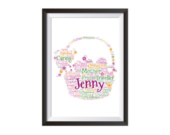 Personalised Word Art Flower Basket Design A4 PRINT ONLY UNFRAMED Gift