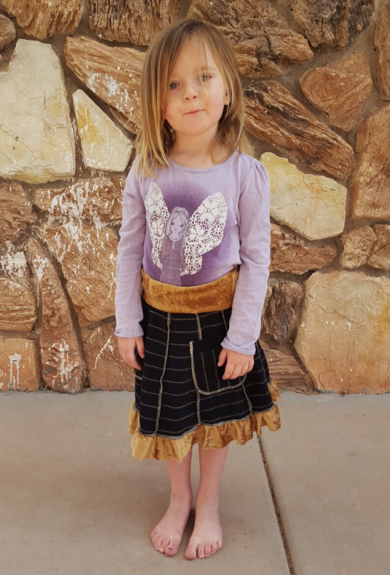 Velvet Boho Baby Ruffles PRICE REDUCED Girl/'s Holiday Wool Skirt wpockets Stripes Black and Gold